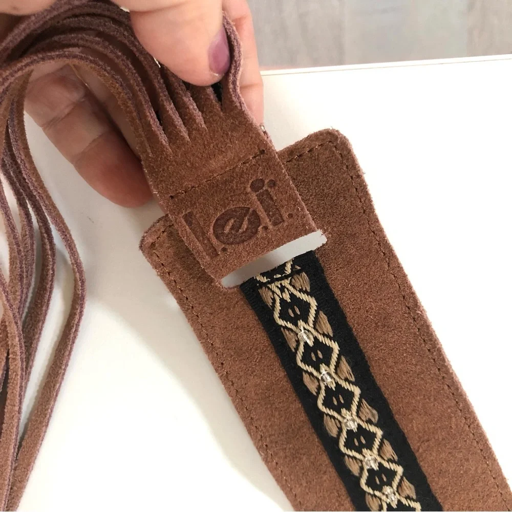 L.E.I. Suede Western Hat Band Brown Embroidered Beaded Fringe Boho